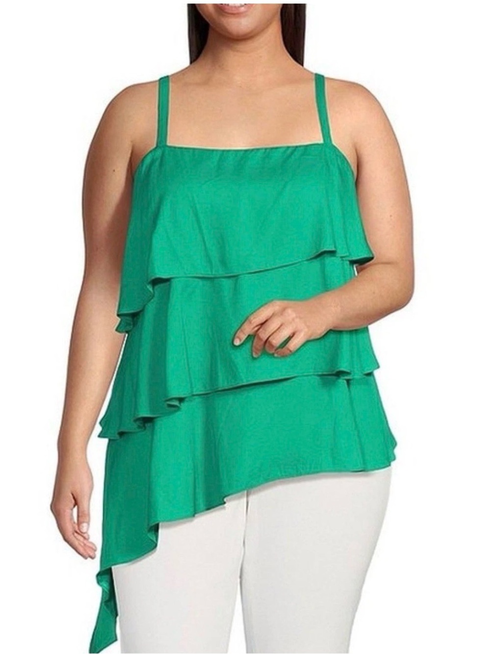 SKIES ARE BLUE Women’s Curvy Emerald Tiered Ruffle Spaghetti Strap Blouse. 1X